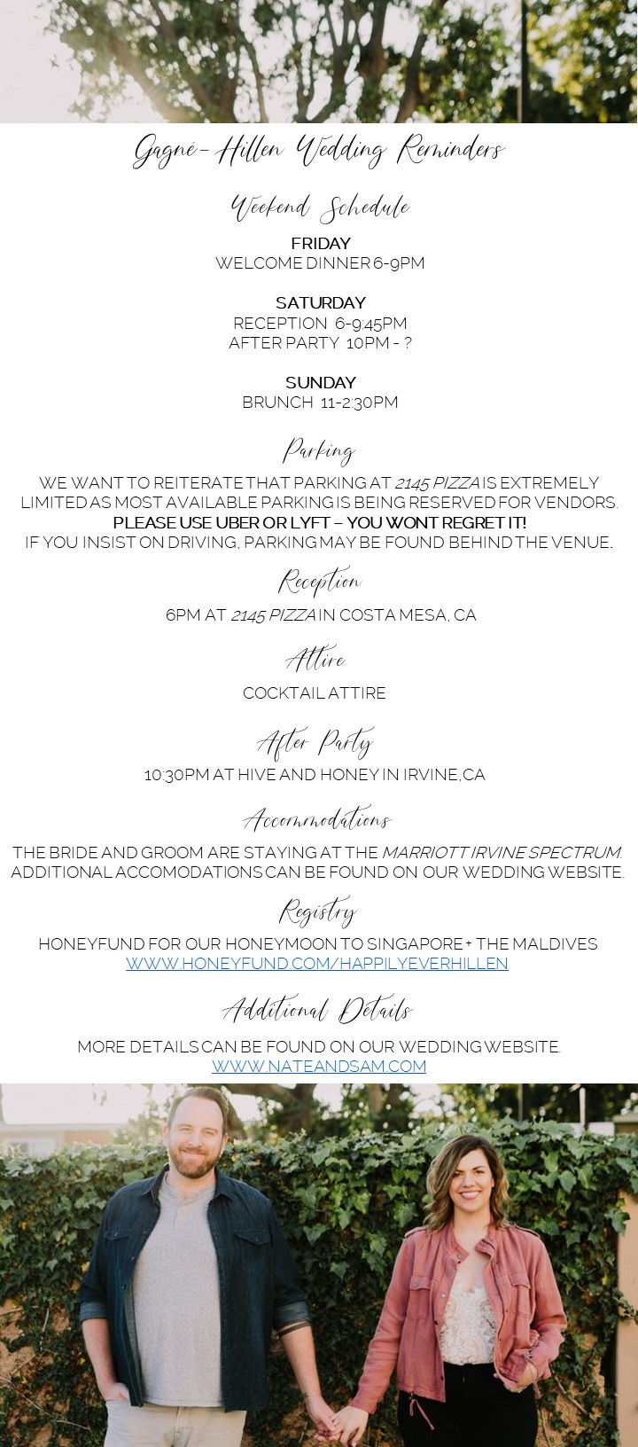 Gagne-Hillen Wedding Reminders - Weekend Schedule and Details